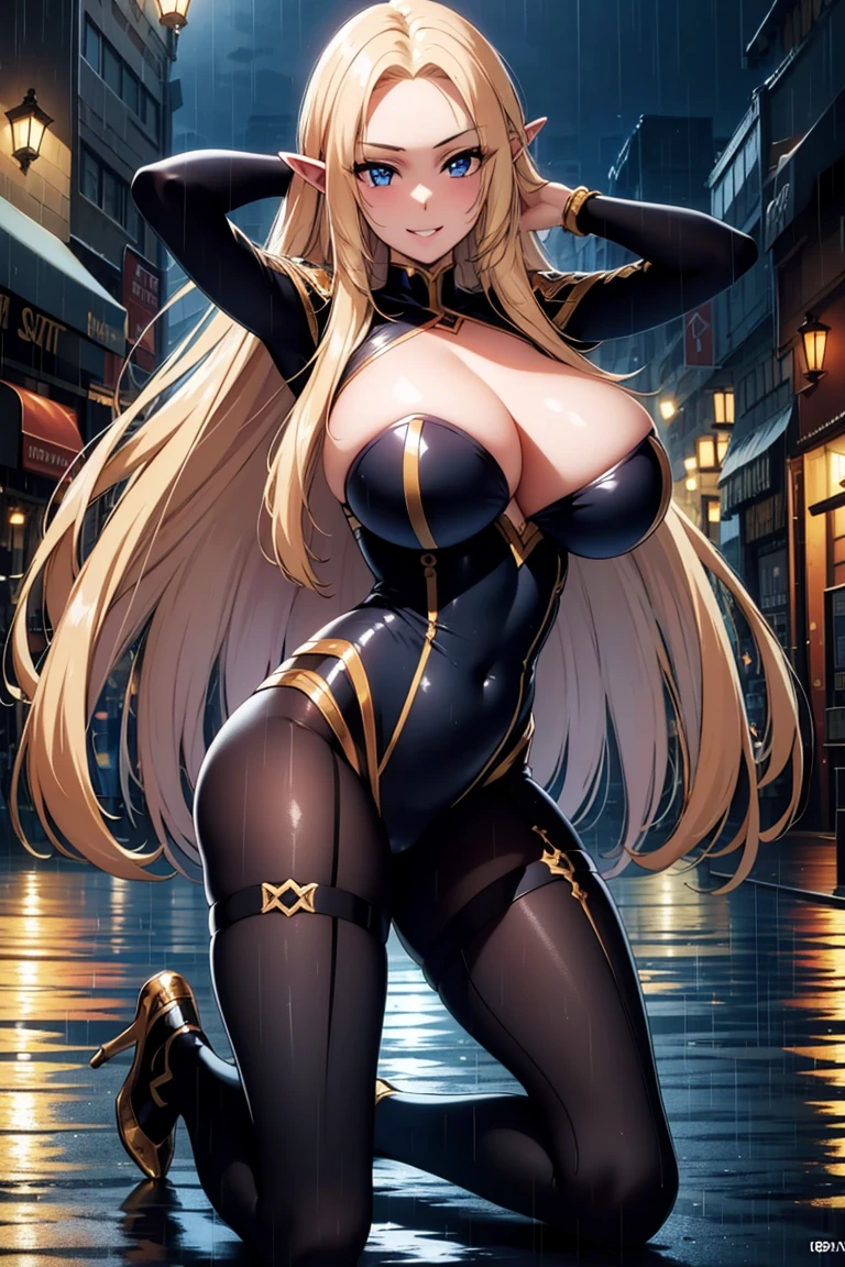 AlphaNDV, 1girl, blonde hair, blue eyes, large breasts, very long hair, elf, pointy ears, black bodysuit
BREAK 
full body view, full body shot, kneeling, Raise your arms behind your head, open the legs, open crotch
BREAK 
smile, arrogance
BREAK
Masterpiece, best quality, high resolution, 8K, official art, super resolution, extremely detailed and beautiful, extremely detailed, amazing and detailed, highly detailed beautiful girl, highly detailed face, highly detailed eyes, highly detailed skin, highly detailed fingers, highly detailed nose, very detailed mouth, perfect anatomy, huge breasts, big breasts
BREAK
night, outdoor, neon street, elm street, rain, midnight, late at night, darkness, extremely detailed CG unity 16k, very fine 16KCG wallpapers