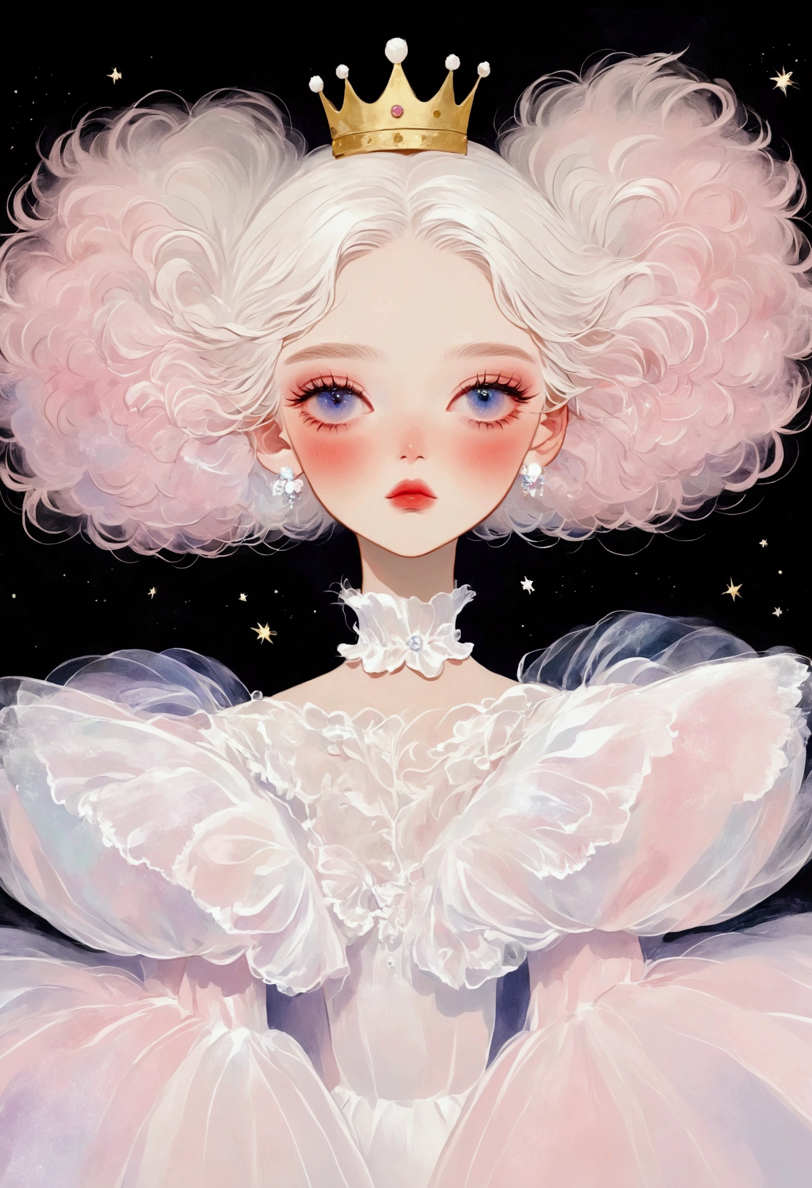 Pastel Art：1 beautiful and elegant girl，White short hair，Delicate hair，White small crown，Puffy Tulle Dress，Exaggerated sleeves，Fluffy，Fluffy紫色薄纱，black background