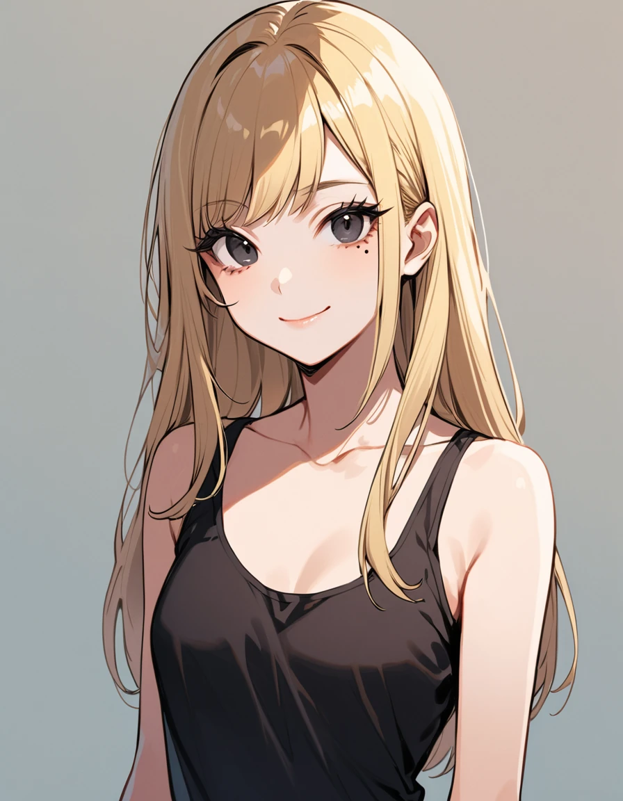 tand skin, from fromt, wide shot, female, age 18, solo, blonde long hair, black eyes, slant eyes, black eyeliner, false eyelashes, mole under eye, collarbone, blankspace, smile