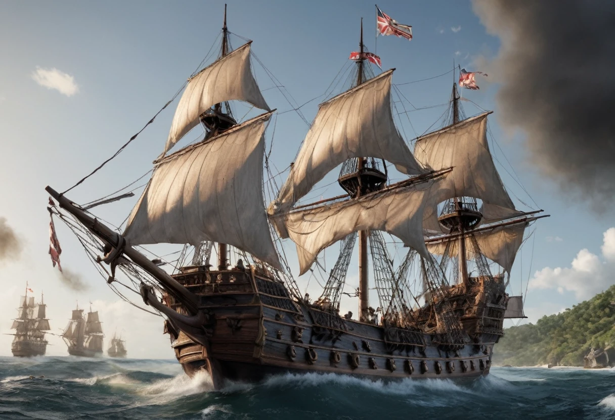(2 Galleons:1.4)、 (Naval battles:1.2)、(Close Combat)、Caribbean、 (Galleon Fire:1.2)、(Galleon Explosion:1.2)、(Torn sails:1.2)、 (Realistic:1.2)、Very detailed、(intricate details 1.2)、8k, masterpiece,