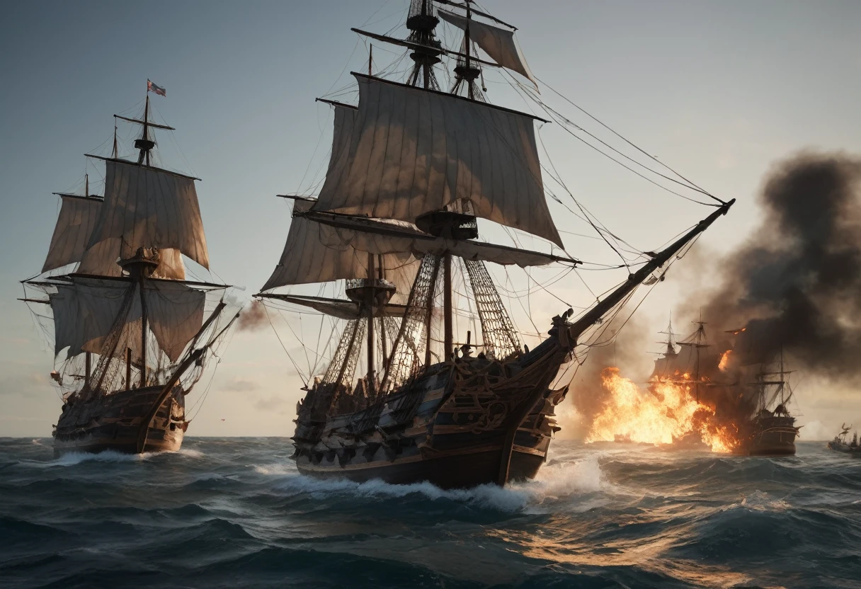 (2 Galleons:1.4)、 (Naval battles:1.2)、 (Galleon Fire:1.4)、(Galleon Explosion:1.4)、 (Realistic:1.2),Very detailed, 8k, masterpiece, (intricate details 1.2)