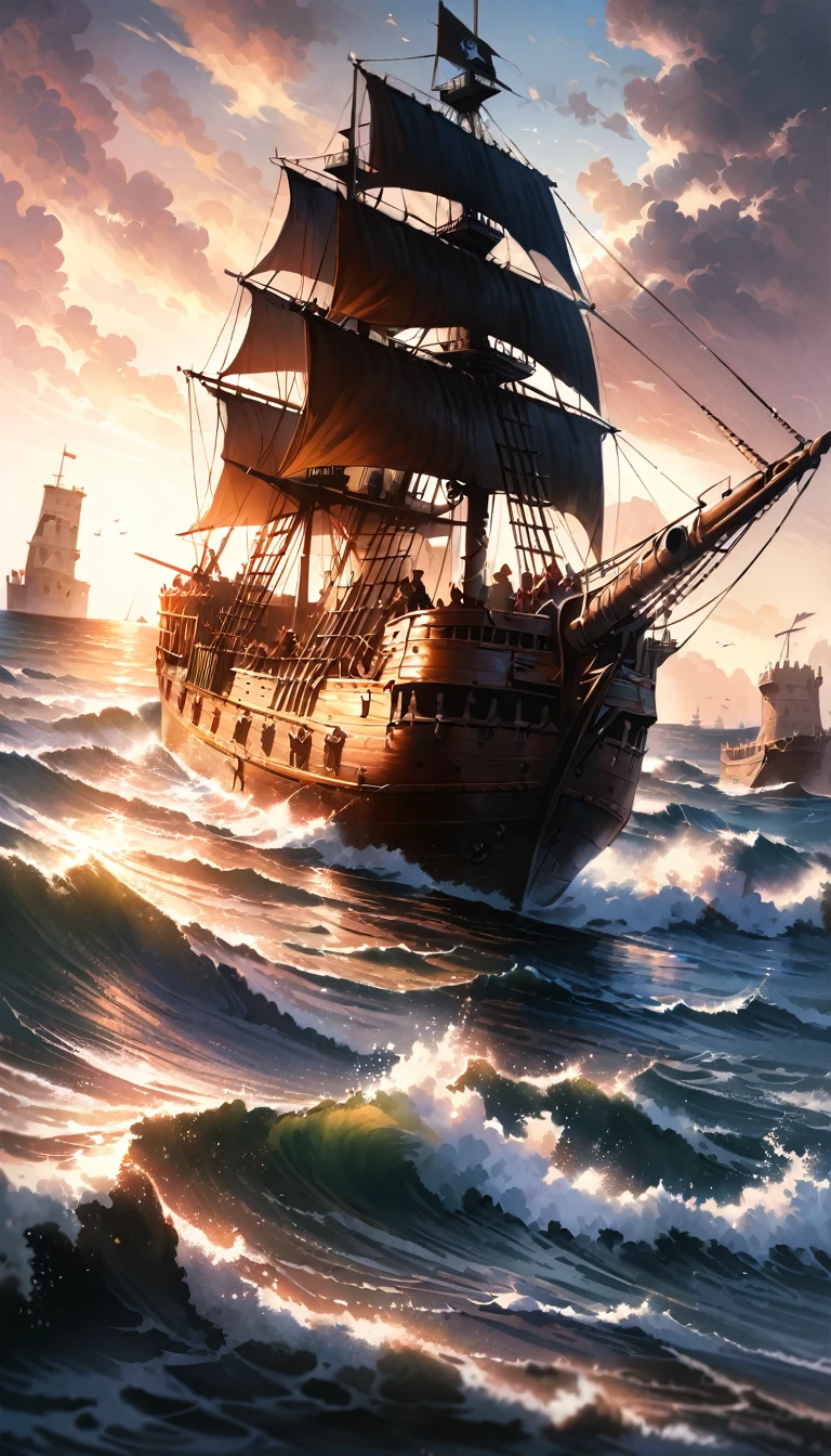 1 pirate ship, 1 enemy pirate ship, dramatic sea battle, violent cannon fire, thick smoke, sinking and burning ships, chaotic naval warfare, intense action, realistic water, dramatic lighting, cinematic composition, dramatic camera angle, high contrast, vibrant colors, dramatic shadows, gritty textures, detailed rendering, masterful artistry, cinematic mood, photo-realistic quality
