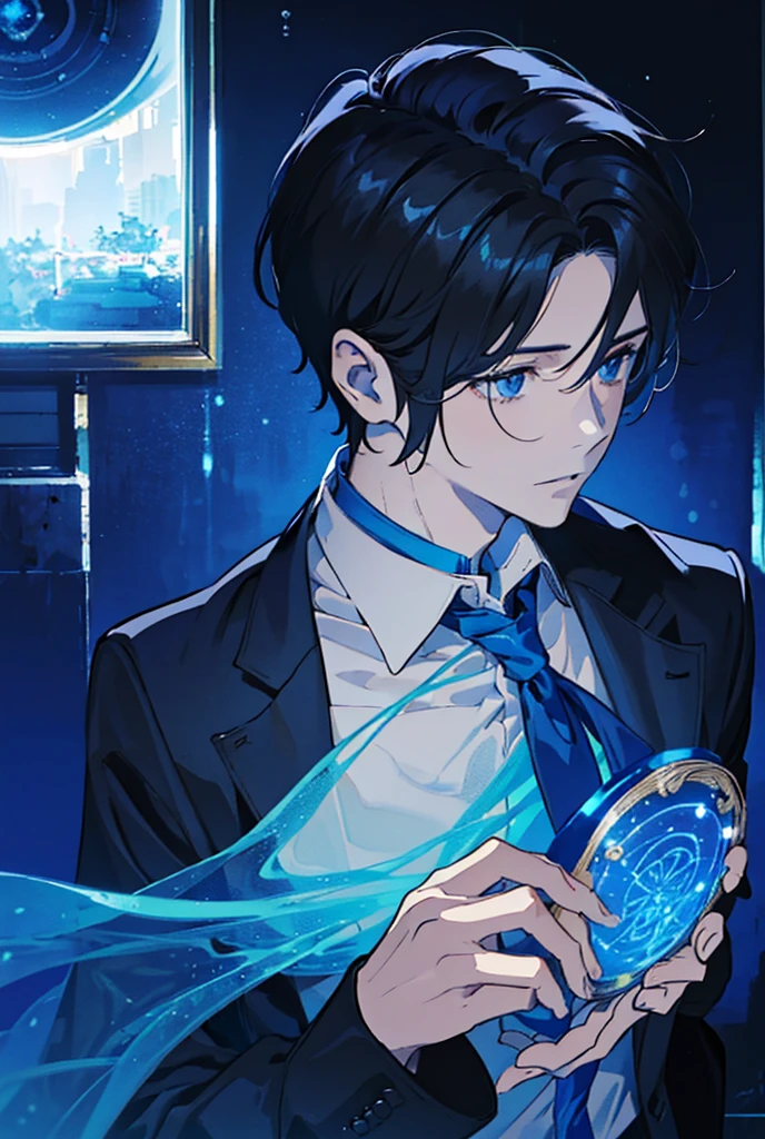"Create an AI-generated image of a young man with wavy black hair, styled messily. He has a thoughtful expression, with one hand resting on his chin, and is dressed in a light blue shirt. The image should be framed within a circular, glowing blue border."