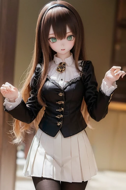 (SFW:2), photorealistic, realistic photo, 8k, ((highest quality)), ((masterpiece)), (extremely detailed), kukolnydom, doll, (mature woman, 21yo, 21 years old, solo:1.6), ((cowboy shot, standing, head tilt, slim, slender, skinny, medium breasts, hairband, ascot, dress shirt, long puff sleeves, pleated skirt, black pantyhose)), (green eyes, brown hair, long hair, plastic skin, looking at another, glass eyes, gradient eyes, shining eyes, detailed eyes:1.3)