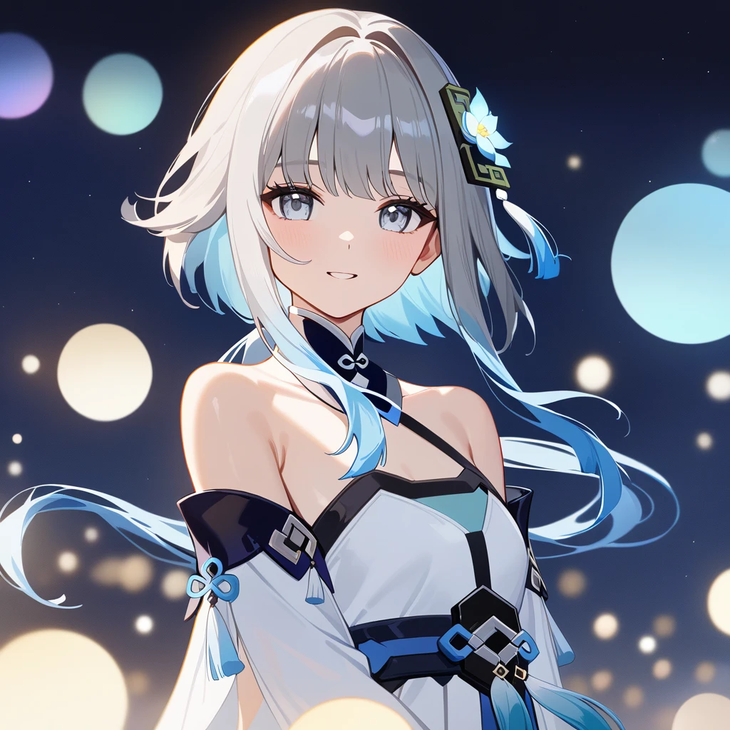 1girl, guizhong_\(genshin_impact\),(grey hair),short_hair_with_long_locks in front and low ponytail in back,gradient_hair,(pale grey eyes with seafoam gradient),starry_sky_print,detached_sleeves white outside blue starry inside, hands completely hidden by long sleeves,stunning field of softly glowing cerulean and white glaze lilies,night scene,gentle smile,face focus, eye focus,ladyshadow,moonlight,glossy lips,vivid anime coloring,cel shading,smooth, soft dreamy focus,anklet,halter_top,white clothes,highly detailed,digital painting,bare_shoulders,barefoot,cool night tones, magical night scene,bokeh, professional,anemo colored fireflies,nebula of stardust and silvery vapor,harmonious blend of nature and art,transcendent beauty,awe-inspiring artwork,(best quality,4k,8k,highres,masterpiece:1.2),cosmic stardust