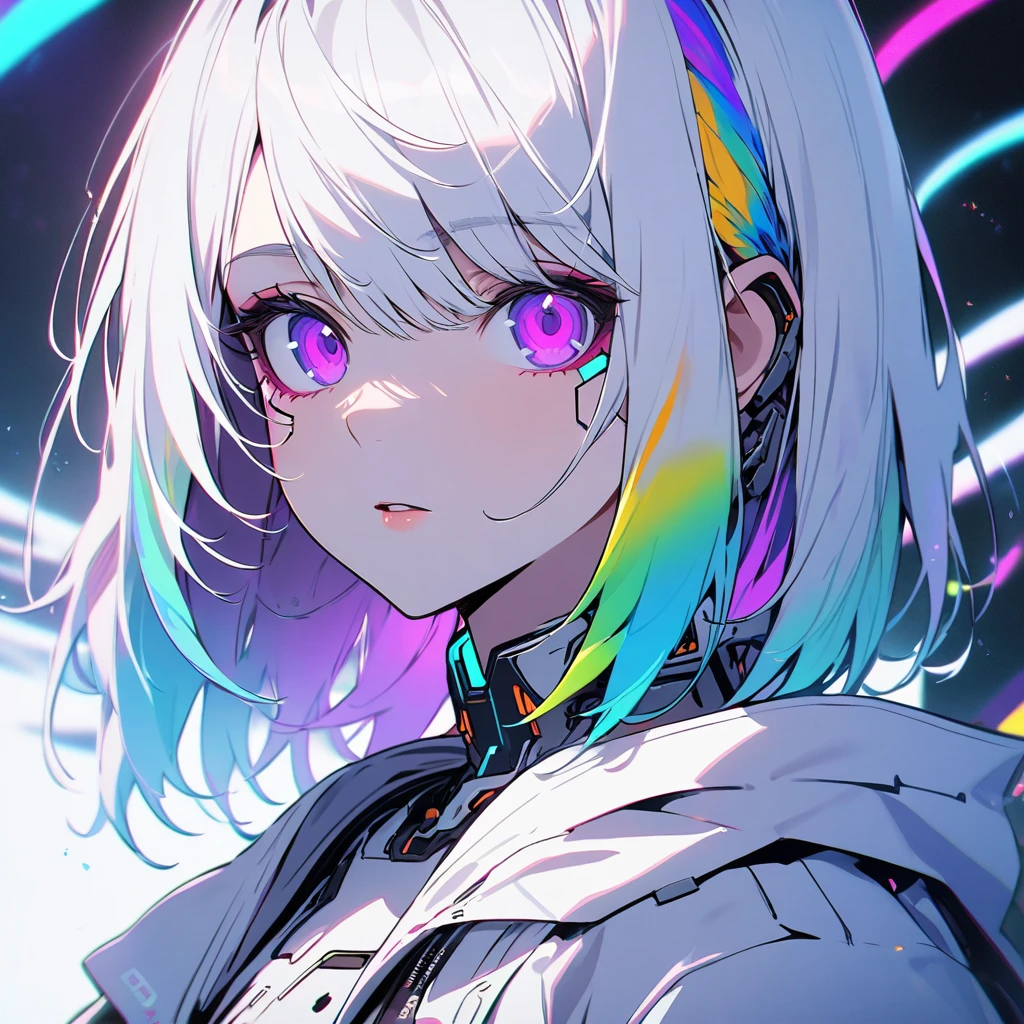 Frontal portrait,Handsome, Solitary, 1 female, Medium Length Hair, White hair, Rainbow hair, Purple Eyes, White clothes, Futuristic, Cyberpunk, Cybernetic, neon,