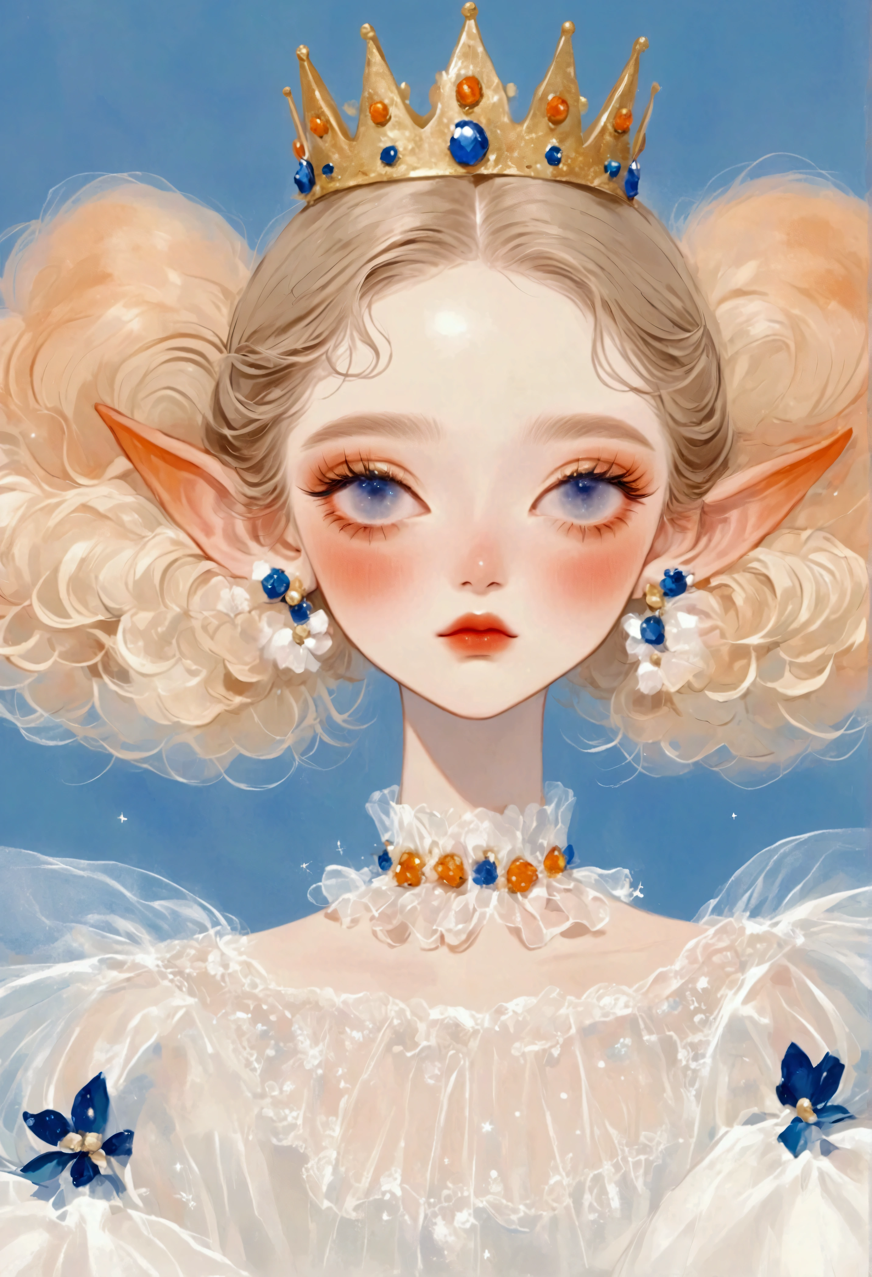 Pastel Art：1 beautiful and elegant girl，Elf ears，Golden crown，Puffy Tulle Dress，Exaggerated sleeves，Fluffy，FluffyWhite薄纱，White+blue+orange color