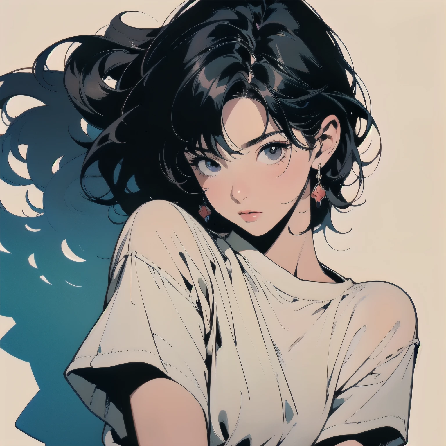 Trigun、Persona、Beautiful woman、Movie Posters、Upper Body、Model pose、(((mysterious)))、Small breasts、Black Hair、Short sleeve、Faint lighting、Abstract background