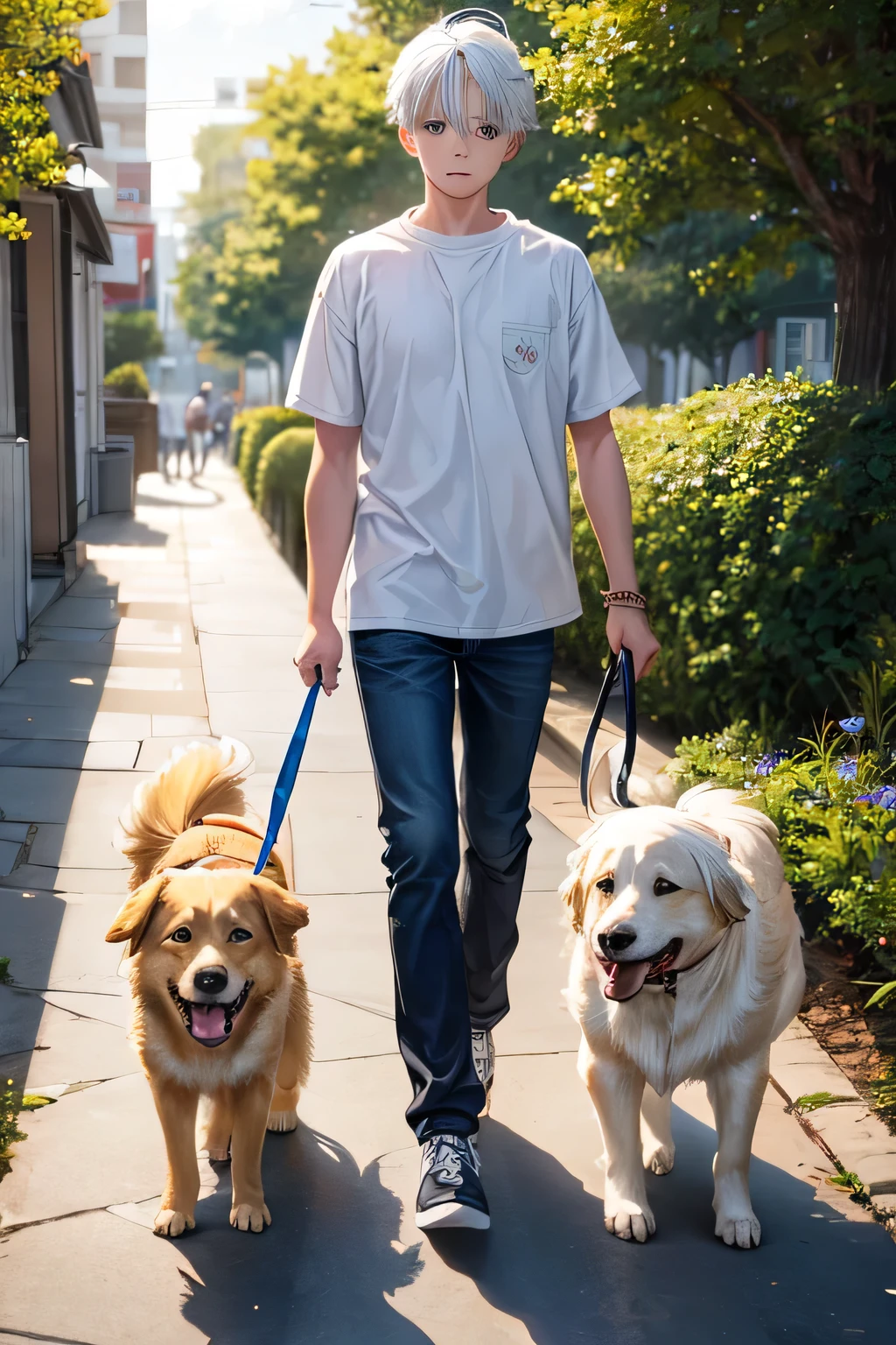  boy with white hair walking a golden retriever
