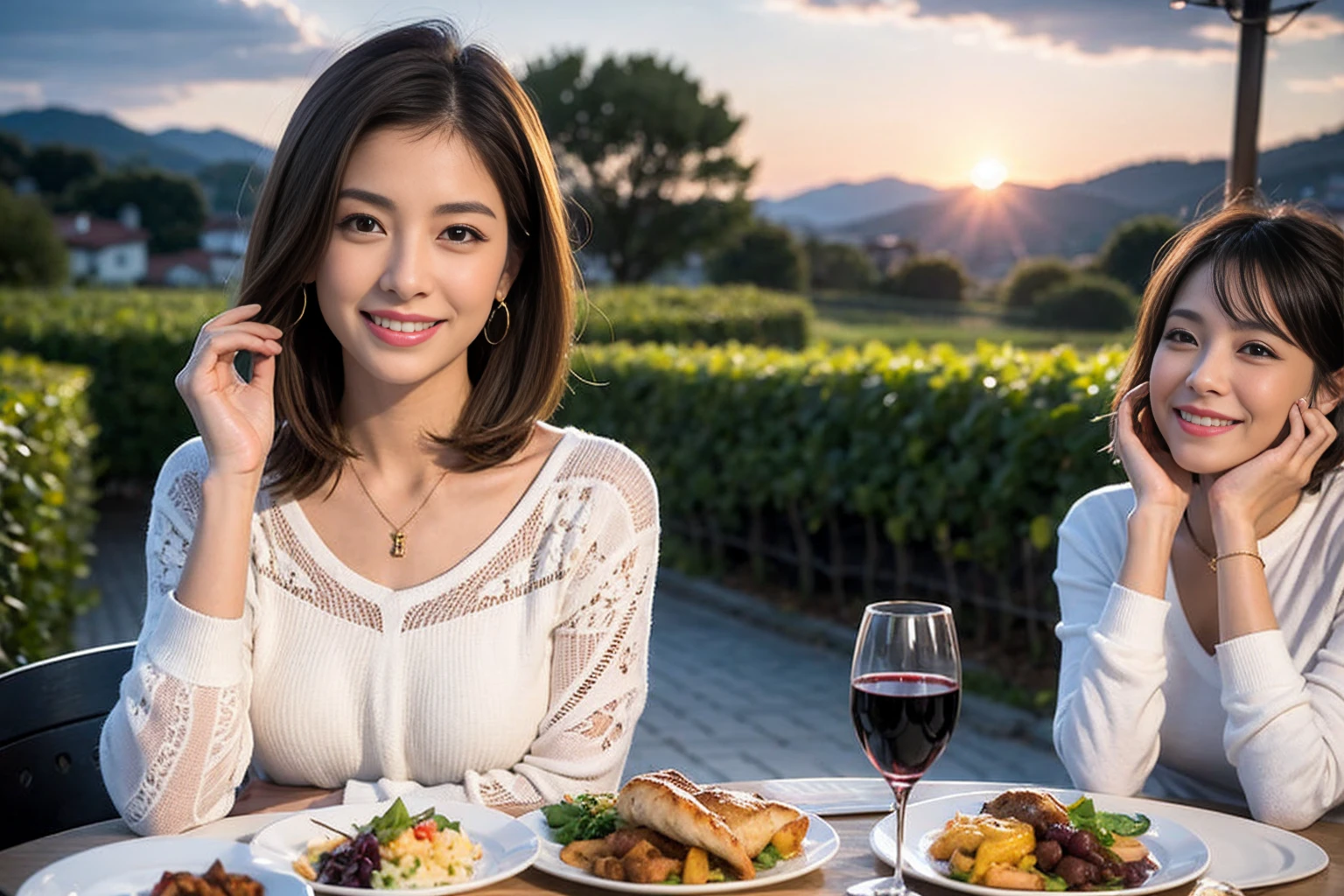 （Realistic:1.1）,(masterpiece,Highest quality)，8k,(56 years old), 53 years old, ベリーslimボディ、slimカップル、Tight waist,Upper Body,full-course dinner、wine 、Amazing view of the sunset sky and clouds、Perfect Anatomy, Brown Hair, short hair,Random Hairstyles,((Highly detailed face and eyes:1.2))，Perfect golden ratio face，Long sleeve shirt、dress,(smile:1.2)、Shortcuts、cute、(Realistic, Intricate details:1.2), A bright smile、short hair,Bright Face、赤wine 、Appetizers、Italian food、wine bottle、Champagne、スパークリングwine、(slimな顔), (The body is slim), (Brown Hair), (Shortcuts),  Upper Body, 白wine, slim, wineグラス, 