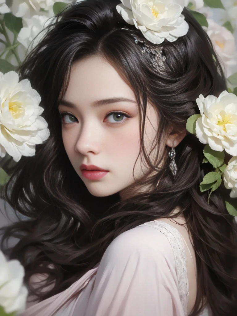 ladies and bouquet，Portrait close-up，She looked at me with very beautiful and kind eyes.Detailed Schneider pastel inks, Soft and wonderful, Fluffy, (Extremely Delicately Beautiful), (perfect  detail)、(pastel colour),Soft texture:1.2.(On the table, Best quality at best), (Delicate and beautiful eyes), （dark bright eyes），(Detailed eyes and detailed face),（Black silky hair), （Black hair like a spring），The color is also significantly brighter.Pale blurry silhouette，surrounded by lots of flowers