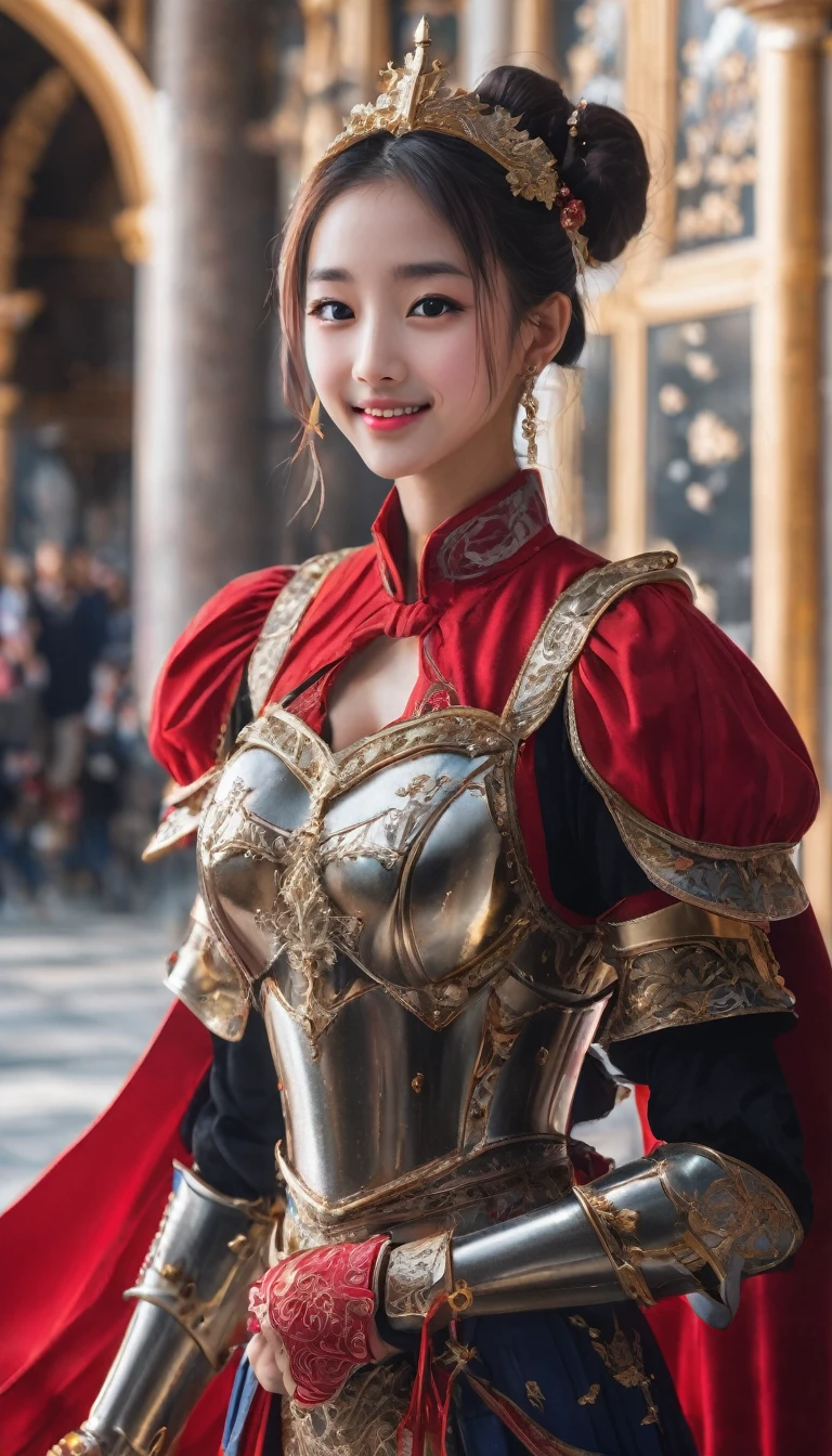 Highest quality, Realistic, photoRealistic, Award-winning photography, (Intricate details, royal palace: 1.2), (Subtle details), (Intricate details), (Cinematic Light, Beautiful attention to detail,Hair Bun,Small Breasts Natural Color Lip, Sexy pose,smile,Harajuku、20-year-old girl、cute, knight, , Huge bouncing breasts, Sexy long legs, ダイナミックなSexy pose, knightの正装, Colorful and intricately crafted armor, knight, foot armor, Red Cape, Upper body close-up),