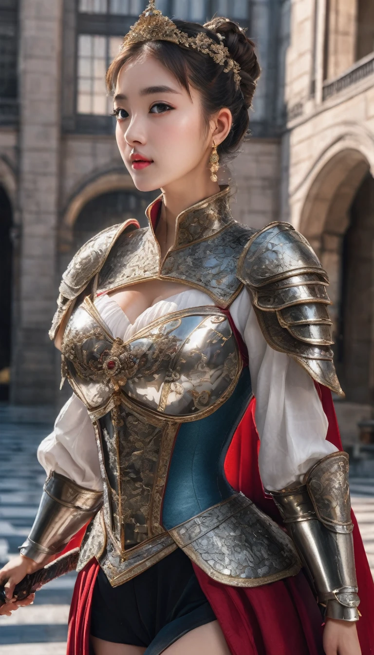 Highest quality, Realistic, photoRealistic, Award-winning photography, (Intricate details, royal palace: 1.2), (Subtle details), (Intricate details), (Cinematic Light, Beautiful attention to detail,Hair Bun,Small Breasts Natural Color Lip, Sexy pose,smile,Harajuku、20-year-old girl、cute, knight, , Huge bouncing breasts, Sexy long legs, ダイナミックなSexy pose, knightの正装, Colorful and intricately crafted armor, knight, foot armor, Red Cape, Upper body close-up),Fighting figure、Has a sword