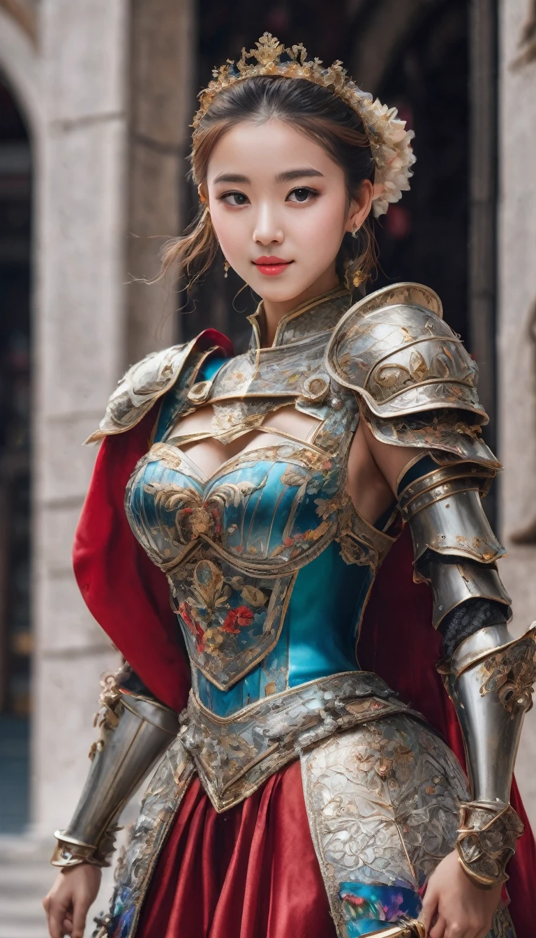 Highest quality, Realistic, photoRealistic, Award-winning photography, (Intricate details, royal palace: 1.2), (Subtle details), (Intricate details), (Cinematic Light, Beautiful attention to detail,Hair Bun,Small Breasts Natural Color Lip, Sexy pose,smile,Harajuku、20-year-old girl、cute, knight, , Huge bouncing breasts, Sexy long legs, ダイナミックなSexy pose, knightの正装, Colorful and intricately crafted armor, knight, foot armor, Red Cape, Upper body close-up),Fighting figure、Has a sword