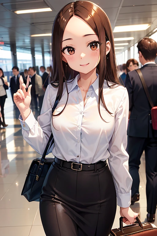 Takagi-san、Shiny brown hair, Long Hair,((Medium chest、Forehead、Center part))、 Beautiful brown eyes、smile、Sparkling eyes, (fine grain)、Very fine eye、Highly detailed face, Highly detailed eyes, Cowboy Shot、 


Flight attendant in uniform walking through the airport with suitcase and handbag、Flight Attendant Uniform:1.5、Perfect Style、sexy