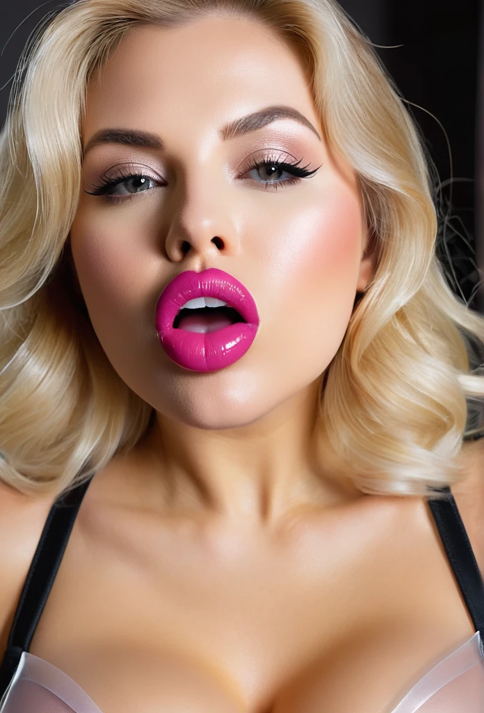 Blonde woman with big inflated lips in tight transparent bra shows me her huge puffy breasts, big lips, glossy lips, fat lips, mouth a little open, big mouth