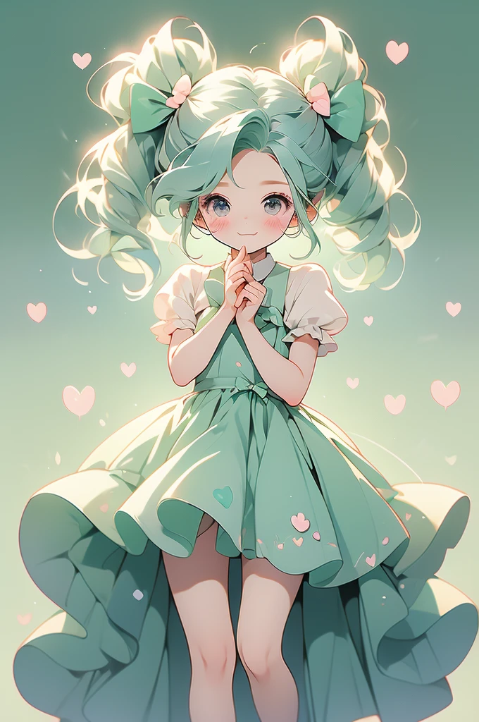 (pastel:1.2)、(Chibi Girl:1.2)、Ezvian everywhere、Long twin tails、Bow and Bow、Heart Eyes、Fluffy dress、Funny pose、Whistling、Laughing pose、original、Round background、Mint green gradient