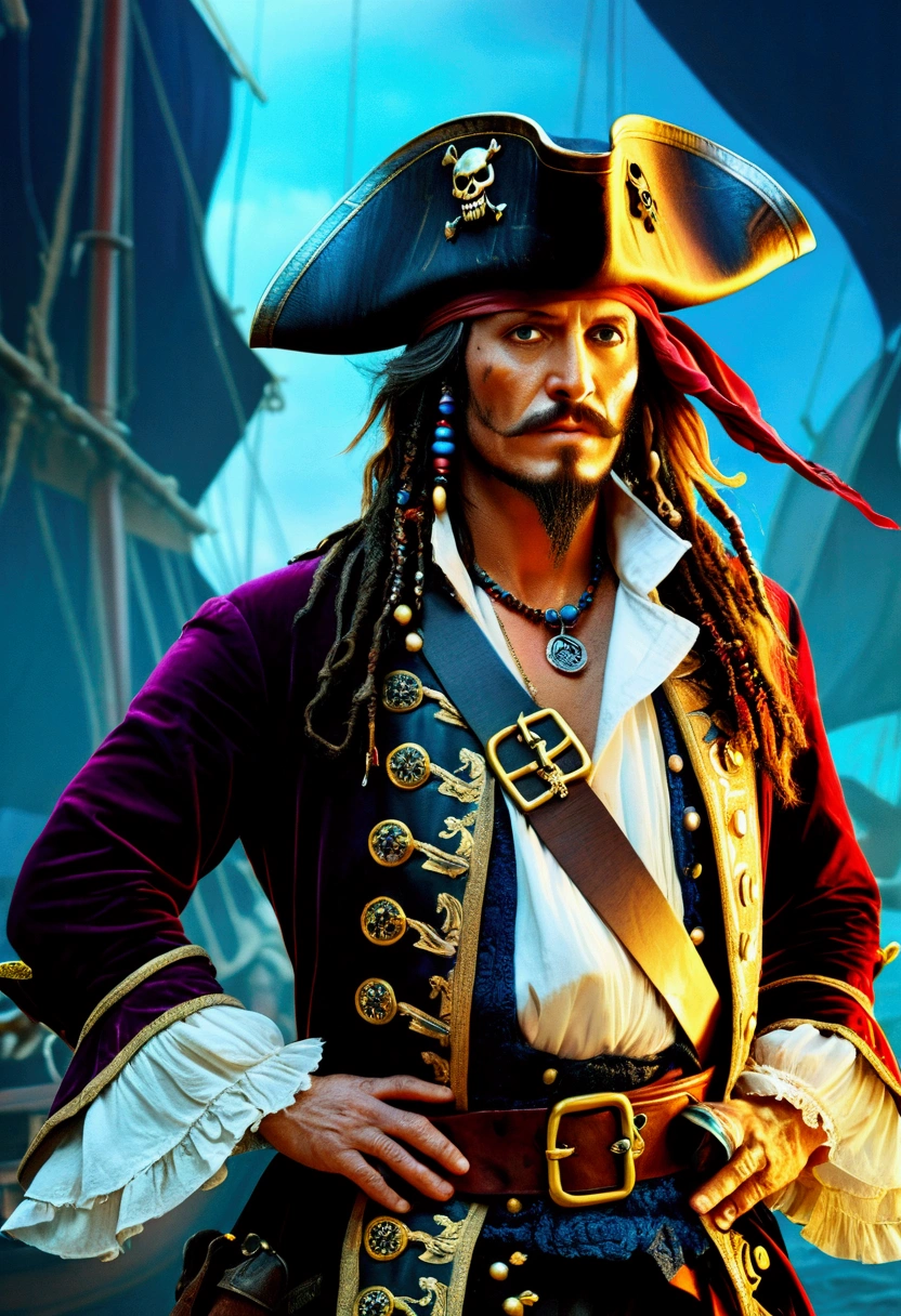 (Pirate War), In a mysterious sea, a female pirate leader leads her fleet to seek revenge against the enemy who once betrayed her. She was dressed in a luxurious pirate costume, wearing a hat decorated with feathers, and holding a long sword inlaid with jewels. The sunset is like blood, reflecting her steadfast gaze and indomitable soul. On her flagship, the pirates have high morale and are ready to fight for their queen. In the distance, the enemy fleet is approaching head-on, and a decisive battle that will determine fate is about to unfold, captivating chiaroscuro, dynamic movement, astropunk, full body, (special effects:0.1), award-winning, cinematic still, emotional, vignette, dynamic, vivid, (masterpiece, best quality, photorealistic, Professional, perfect composition, very aesthetic, absurdres, ultra-detailed, intricate details:1.3)