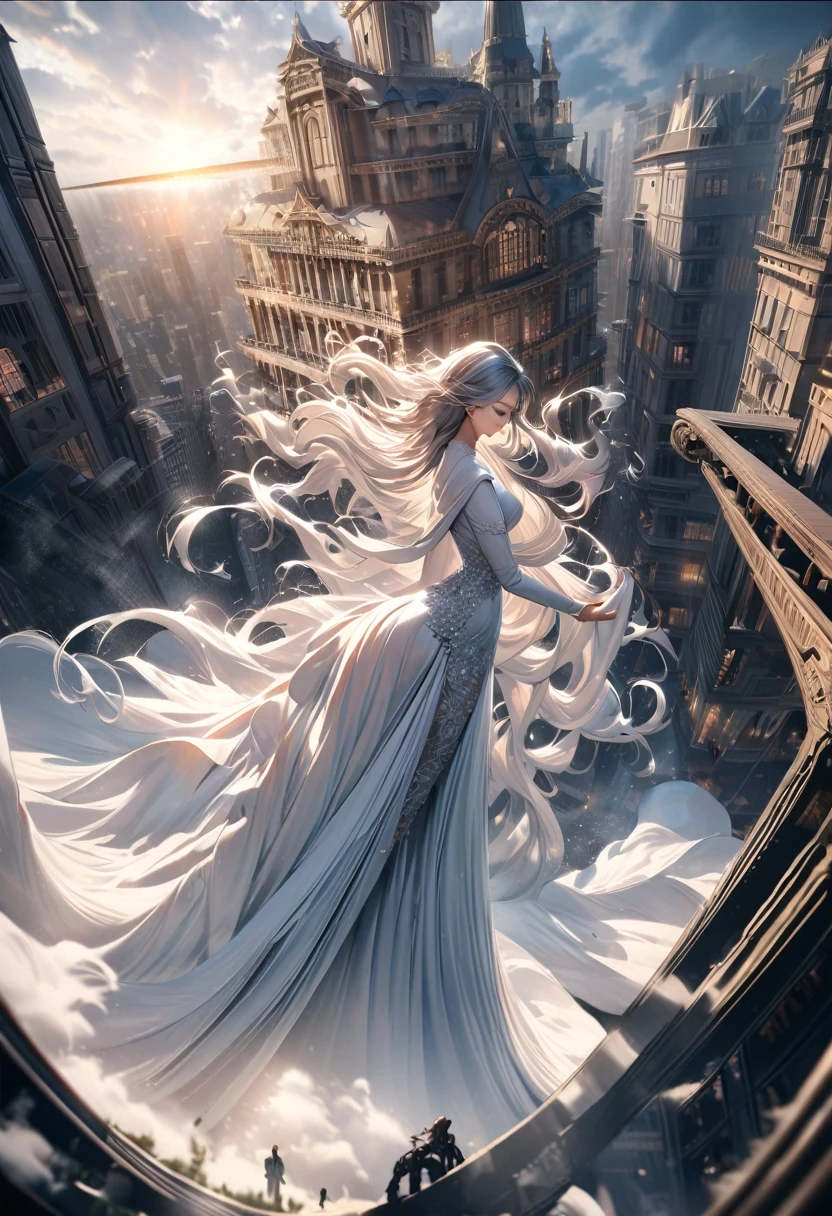curvaceous giantess woman in city, hyperrealistic, highly detailed, 8k, cinematic lighting, dramatic angles, moody atmosphere, striking colors, photorealistic, volumetric fog, architectural backdrop, dynamic pose, intricate details, mesmerizing expression, flawless skin texture, flowing hair, elegant fashion, towering presence, awe-inspiring scale, sense of wonder and amazement