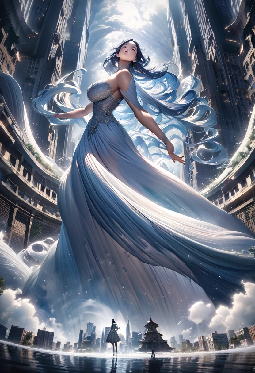 curvaceous giantess woman in city, hyperrealistic, highly detailed, 8k, cinematic lighting, dramatic angles, moody atmosphere, striking colors, photorealistic, volumetric fog, architectural backdrop, dynamic pose, intricate details, mesmerizing expression, flawless skin texture, flowing hair, elegant fashion, towering presence, awe-inspiring scale, sense of wonder and amazement