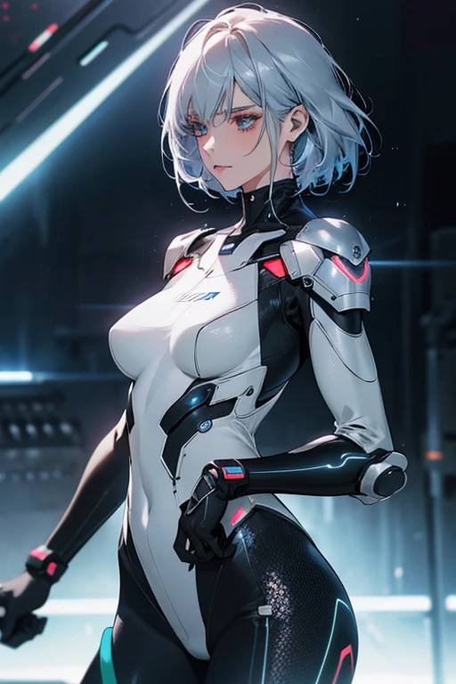 Futuristic girl in high tech combat suit, Smooth, skin-tight bodysuit, Detailed facial features, Sharp Eye, Elegant pose, Advanced Machinery, Neon Light, Metallic accents, Cinema Lighting, Vibrant colors, Dramatic atmosphere, Ultra-detailed, 8k, Shoulder Bare, Exposed Skin, Realistic、Exposed breasts、