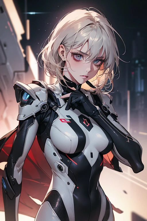 Futuristic girl in high tech combat suit, Smooth, skin-tight bodysuit, Detailed facial features, Sharp Eye, Elegant pose, Advanced Machinery, Neon Light, Metallic accents, Cinema Lighting, Vibrant colors, Dramatic atmosphere, Ultra-detailed, 8k, Shoulder Bare, Exposed Skin, Realistic、Exposed breasts、