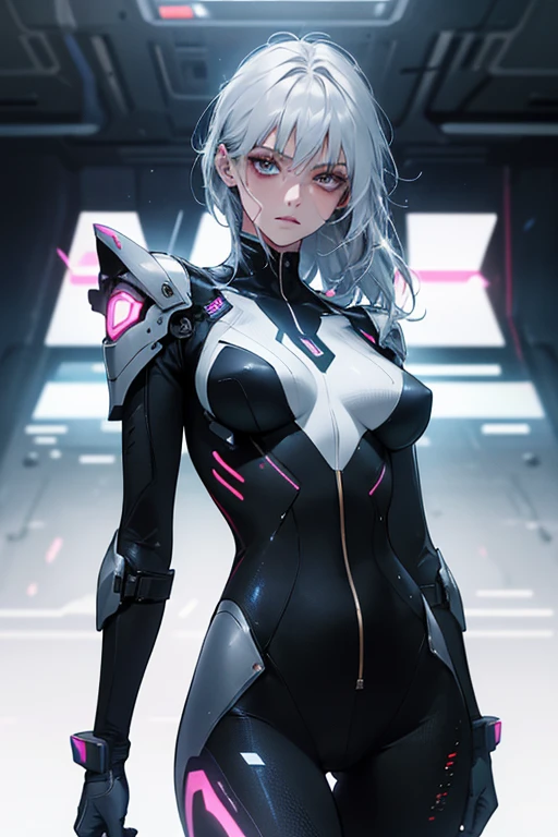 Futuristic girl in high tech combat suit, Smooth, skin-tight bodysuit, Detailed facial features, Sharp Eye, Elegant pose, Advanced Machinery, Neon Light, Metallic accents, Cinema Lighting, Vibrant colors, Dramatic atmosphere, Ultra-detailed, 8k, Shoulder Bare, Exposed Skin, Realistic、Exposed breasts、