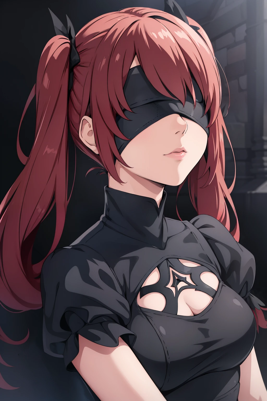 (high-quality, breathtaking),(expressive eyes, perfect face) portrait, Symmetrical Eyes, nier_artstyle, 1girl, masked, dark red hair, long hair, black boots, black short, black gloves, sword, black shirt, black dress, short dress, black gloves, feather trim, juliet sleeves, puffy sleeves, twin pigtails, blindfold
