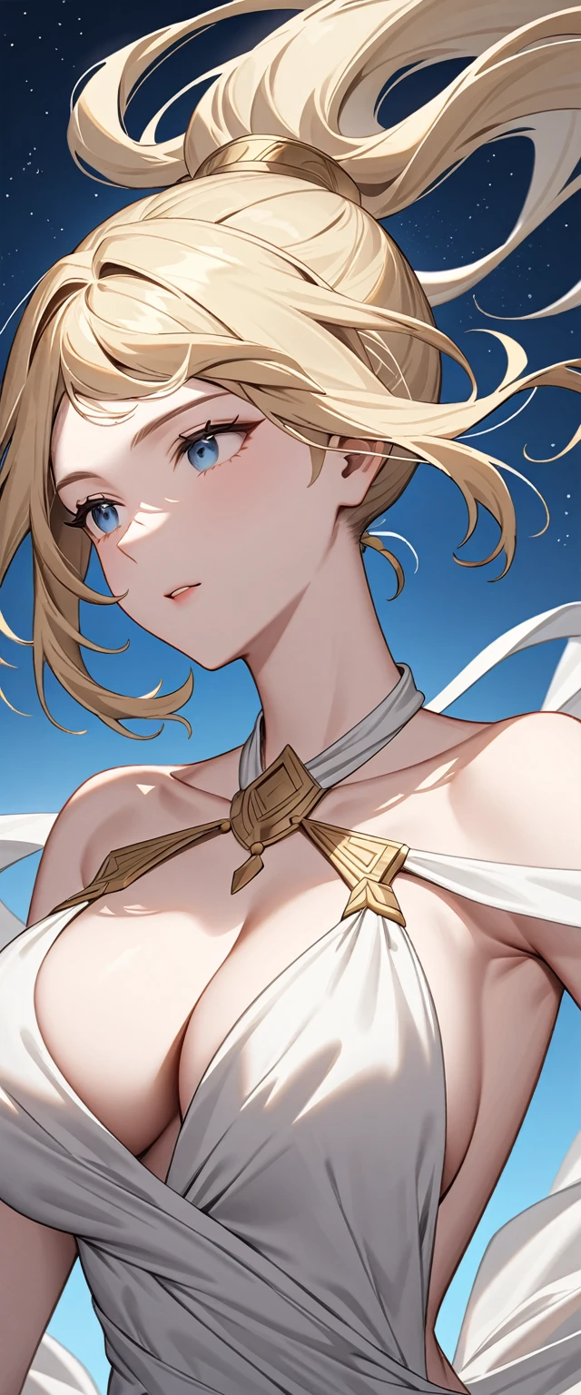 A voluptuous goddess in very thin clothes　Divine decoration　Blonde hair tied back　A cloth dress that crosses in front of the neck　ancient greek clothes　Cleavage　Upper Body　Very detailed　Flying in the sky