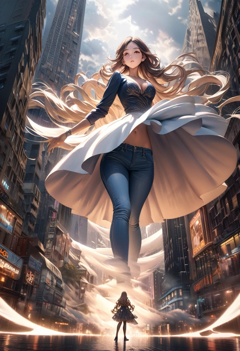 curvaceous giantess woman in city, hyperrealistic, highly detailed, 8k, cinematic lighting, dramatic angles, moody atmosphere, striking colors, photorealistic, volumetric fog, architectural backdrop, dynamic pose, intricate details, mesmerizing expression, flawless skin texture, flowing hair, elegant fashion, towering presence, awe-inspiring scale, sense of wonder and amazement jeans