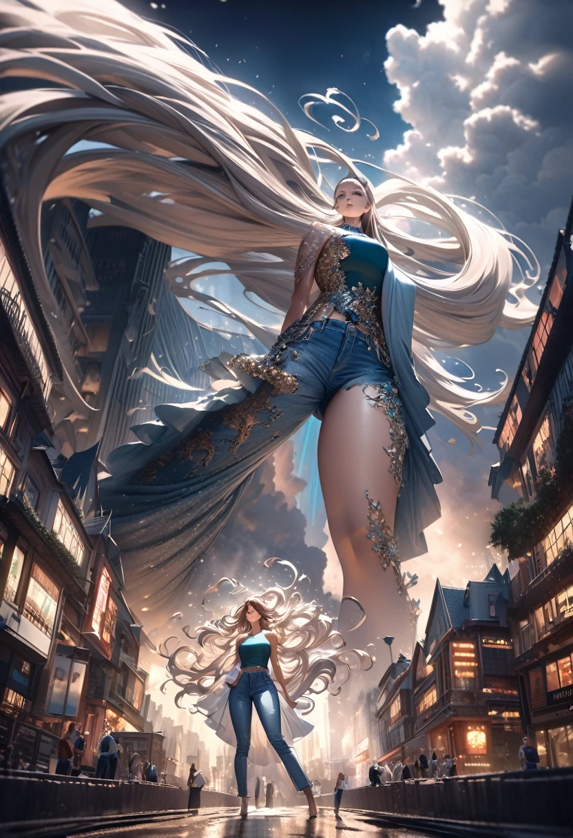curvaceous giantess woman in city, hyperrealistic, highly detailed, 8k, cinematic lighting, dramatic angles, moody atmosphere, striking colors, photorealistic, volumetric fog, architectural backdrop, dynamic pose, intricate details, mesmerizing expression, flawless skin texture, flowing hair, elegant fashion, towering presence, awe-inspiring scale, sense of wonder and amazement jeans