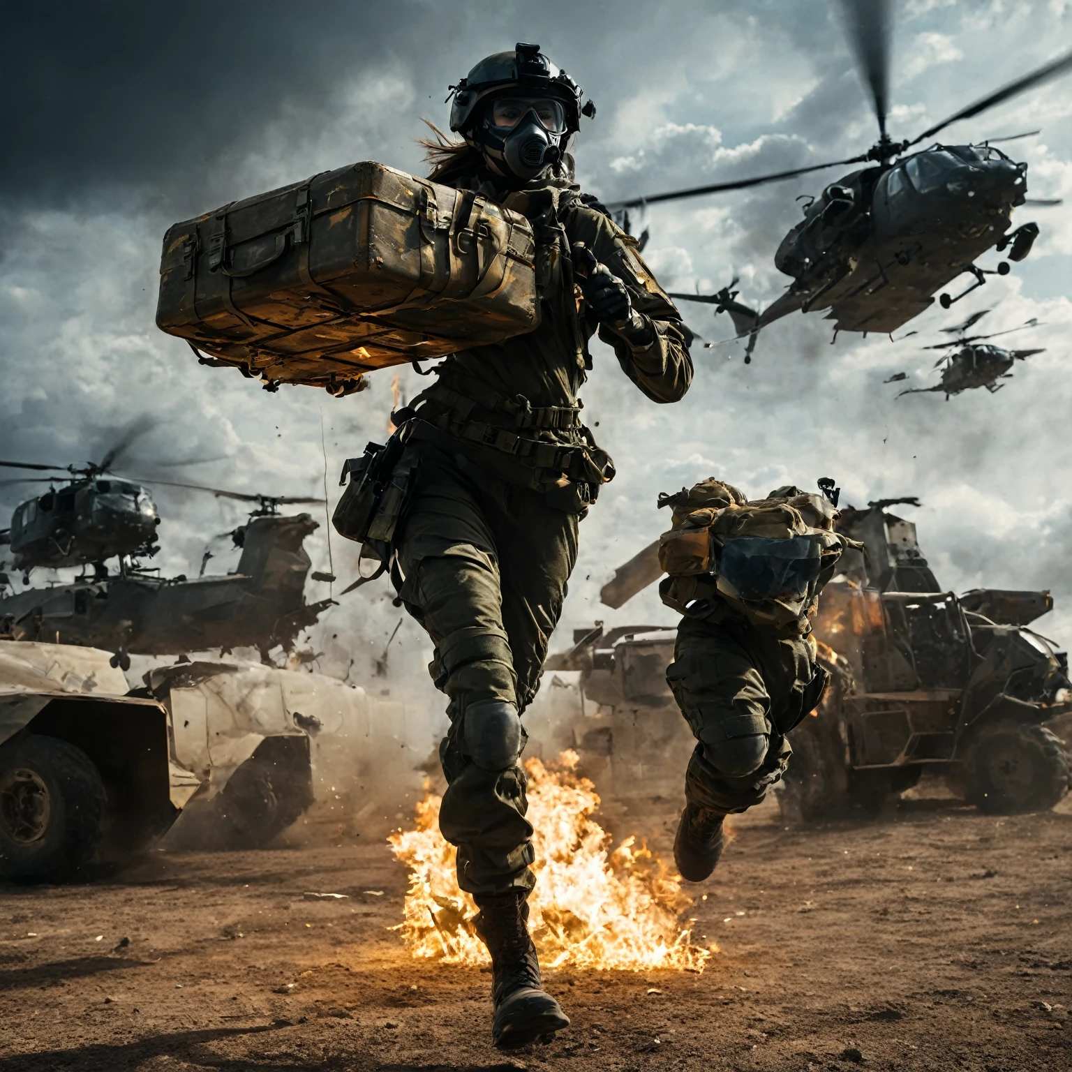 Futuristic Urban warfare, futuristic hind helicopter, A female soldier with combat mask holding a treasure chest, sprinting through a battlefield. Trucks and off-road vehicles in motion, with a helicopter flying above, billowing flames, reflections, high tech battletech, tanks, dark clouds, dramatic shadows, dramatic, body center
