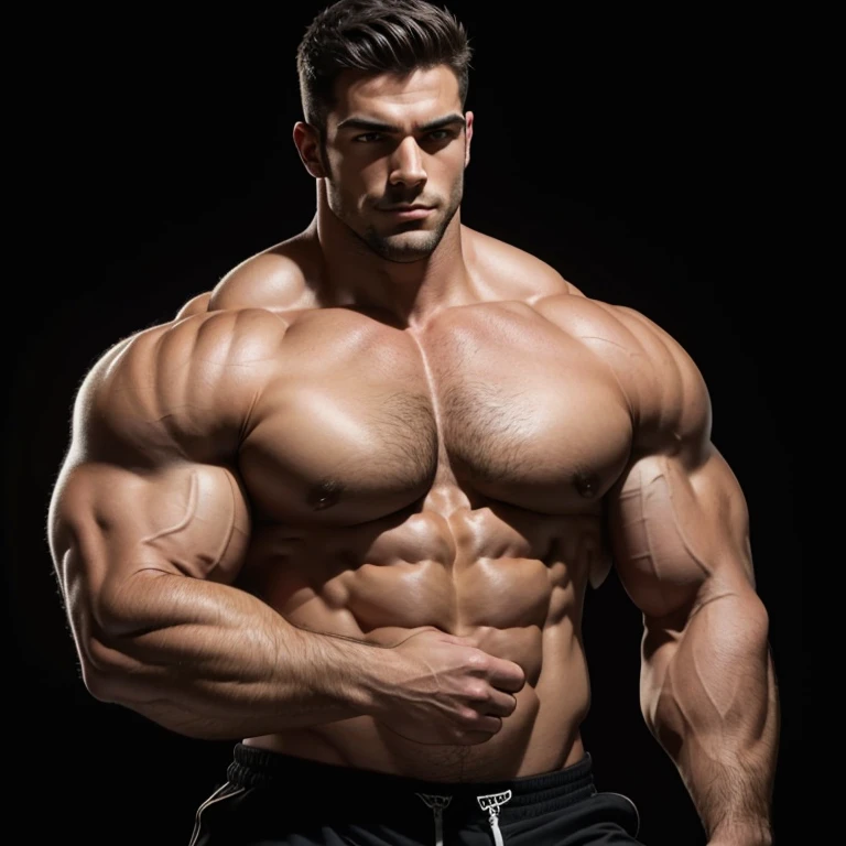 a young and very handsome, massively muscular man, with massively large muscles, with massively large biceps, with massively large arms, shirtless, on a black background