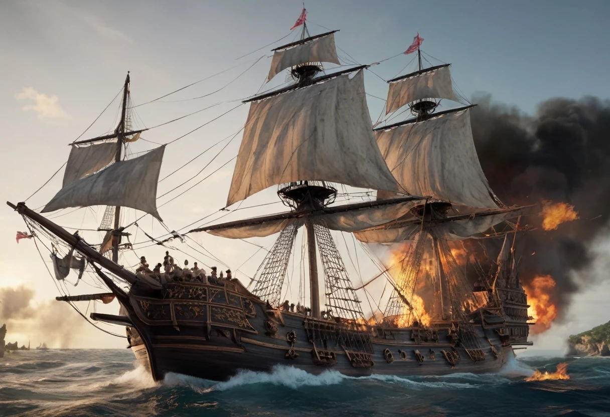 (2 Galleons:1.4)、 (Naval battles:1.2)、(Close Combat)、Caribbean、 (Galleon Fire:1.2)、(Galleon Explosion:1.2)、(Torn sails:1.2)、 (Realistic:1.2)、Very detailed、(intricate details 1.2)、8k, masterpiece,