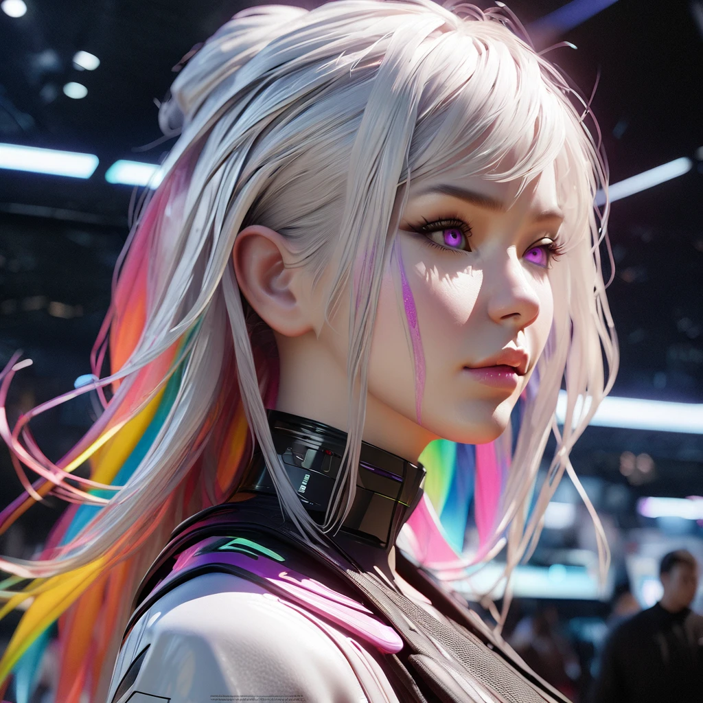 a beautiful,detailed portrait of a young woman with long white hair, rainbow hair, and captivating purple eyes, wearing a futuristic, cyberpunk, and controltheoretic neon white outfit, (best quality,8k,highres,masterpiece:1.2),ultra-detailed,(realistic,photorealistic,photo-realistic:1.37),intricate details,dramatic lighting,highly detailed facial features,beautiful eyes with long eyelashes,sharp focus,vivid colors,3d,concept art