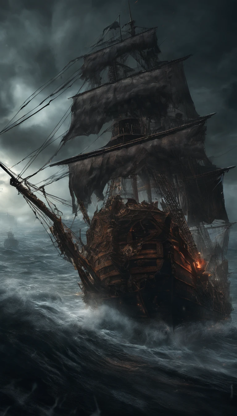 1 pirate ship, 1 enemy pirate ship, dramatic sea battle, violent cannon fire, thick smoke, sinking and burning ships, chaotic naval warfare, intense action, realistic water, dramatic lighting, cinematic composition, dramatic camera angle, high contrast, vibrant colors, dramatic shadows, gritty textures, detailed rendering, masterful artistry, cinematic mood, photo-realistic quality