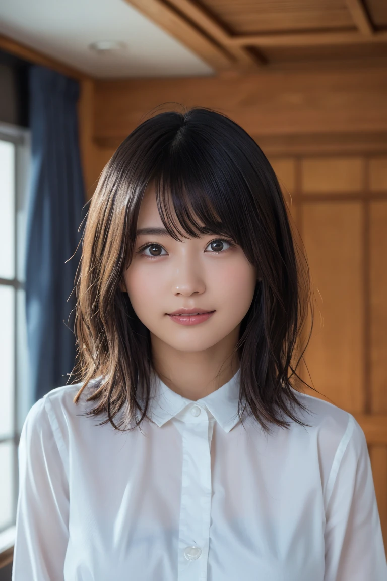 ((Upper Body:1.3)).Blown by the long wind [Blue-black:.3] hair,Looking at the audience, (Tabletop:1.3), (8k, Realistic, RAW Photos, Highest quality: 1.4), Japanese, (1 girl), Beautiful Face, (Realistic face),{Wavy medium hair|Front hair short bob|short hair }{Black hair|Brown hair|Blonde hair}, Beautiful hairstyle, Realistic eyes, Beautiful and beautiful eyes, (Realistic skin), Beautiful Skin, charm, Ultra-high resolution, Very detailed, Golden Ratio,Upper Bodyは裸、Protruding nipples、White shirt、Inside the room、A gentle smile、Long face、ショートボブのhair、eyes that are a bit distant、Short Hair、Smile、No underwear on、Transparent nipples