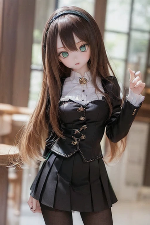 (SFW:2), photorealistic, realistic photo, 8k, ((highest quality)), ((masterpiece)), (extremely detailed), kukolnydom, doll, (mature woman, 21yo, 21 years old, solo:1.6), ((cowboy shot, stylish pose, slim, slender, skinny, medium breasts, hairband, ascot, vest, blouse, long puff sleeves, pleated skirt, black pantyhose)), (green eyes, brown hair, long hair, plastic skin, looking at another, glass eyes, gradient eyes, shining eyes, detailed eyes:1.3)