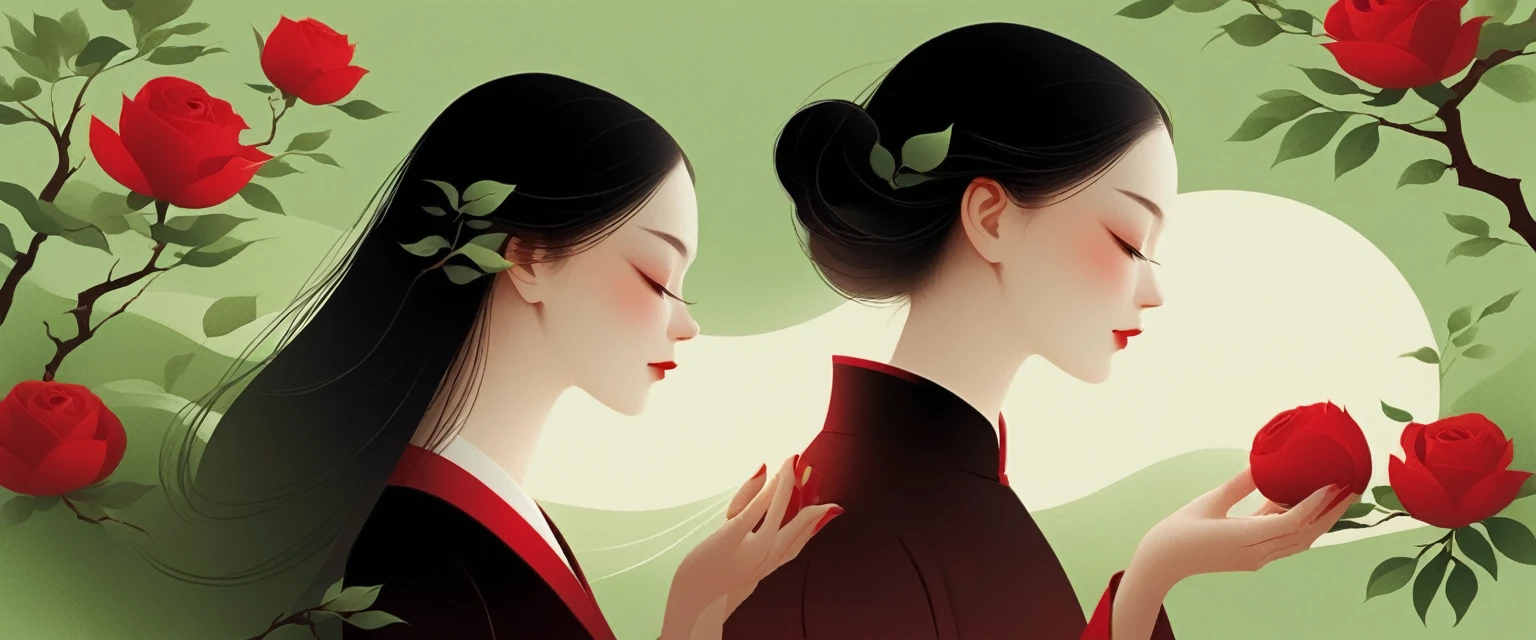 Red background,vector,Flat form,illustration,The Minimalists,数字艺术illustration,Apple Tree下,Couple,2 people,Back to Back,Smile,Unique,Black long hair,Pretty Face,portrait,Shoulder,Beautiful hands,It is artistic conception,Abstract,Green tint,Apple Tree,Rose,Red Apple
