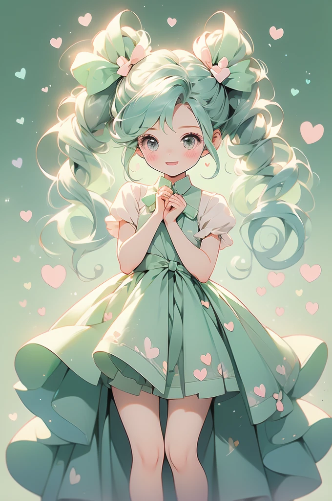 (pastel:1.2)、(Chibi Girl:1.2)、Ezvian everywhere、Long twin tails、Bow and Bow、Heart Eyes、Fluffy dress、Funny pose、Whistling、Laughing pose、original、Round background、Mint green gradient