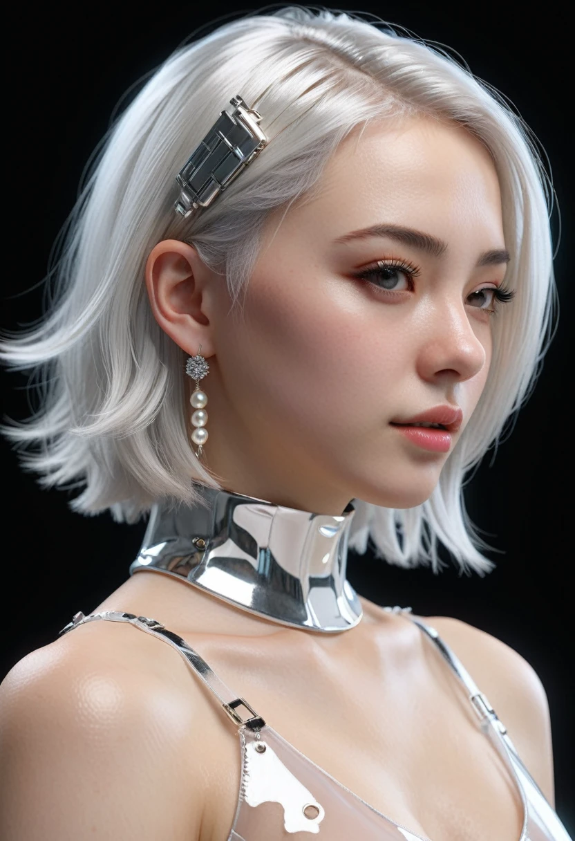 top quality,The perfect masterpiece,The perfect work of art,official works,8 K,, (upper body portrait:1.3),((visible from the side:1.5)),lens close up,gentle face,, 17 years,White haired girl,(hakuhatsu:1.5),short and medium hair,((White transparent eyes:1.5)),(White dress:1.2),(transparent clothes:1.2),(Black background:1.3),, pearl illusion,cyberpunk,fashion trend,3c material,a high resolution,detailed presentation,C4D,3d,Octane rendering,Ray tracing,complex parts,animated lighting,OCrenderer,