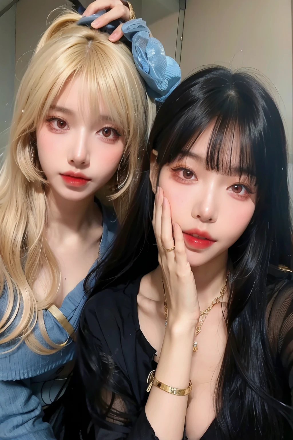 Two women with long hair posing for a picture in front of a mirror., Best Face, popular makeup in korea, Larissa Manoval, Nikshu and Sakimichan, With bangs completo, With bangs, long hair With bangs completo, popular korean makeup, long hair With bangs, she has black hair With bangs, In black, long gray hair and bangs