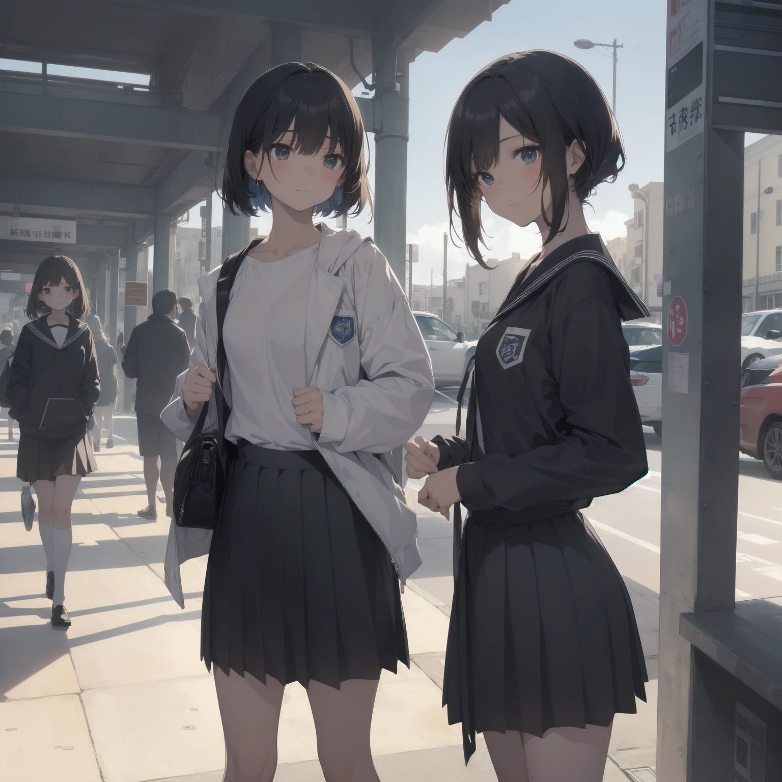 ultra-absurdres-Top quality by artist God, ultra-detailed, high resolution, anime moe artstyle, best anime 8k konachan wallpaper, pixiv contest winner, pool:2810, perfect anatomy,break, 1girl, (Please draw a girl walking sleepily to school alone. )break,(Solo,little female, 13-year-old:1.3),Full limbs, complete fingers,a junior high school student, (very short hair), short cut, flat chest, , small butt, small black eyes, beautiful detailed eyes, well-proportioned iris and pupils, expressive eyes, highres detailed hair, soft expression, salor school_uniform, sailor collar, serahuku, bow, pleated skirt,(Detailed Lighting), (Detailed background), in the School commute route. break,super detailed skin, Best cinematic lighting powered by famous artist, 8k,beauty illustration,photoshop_(medium),very aesthetic,break,((artist:mizumizuni )), artist:clamp ,artist:carnelian ,artist:kantoku ,
