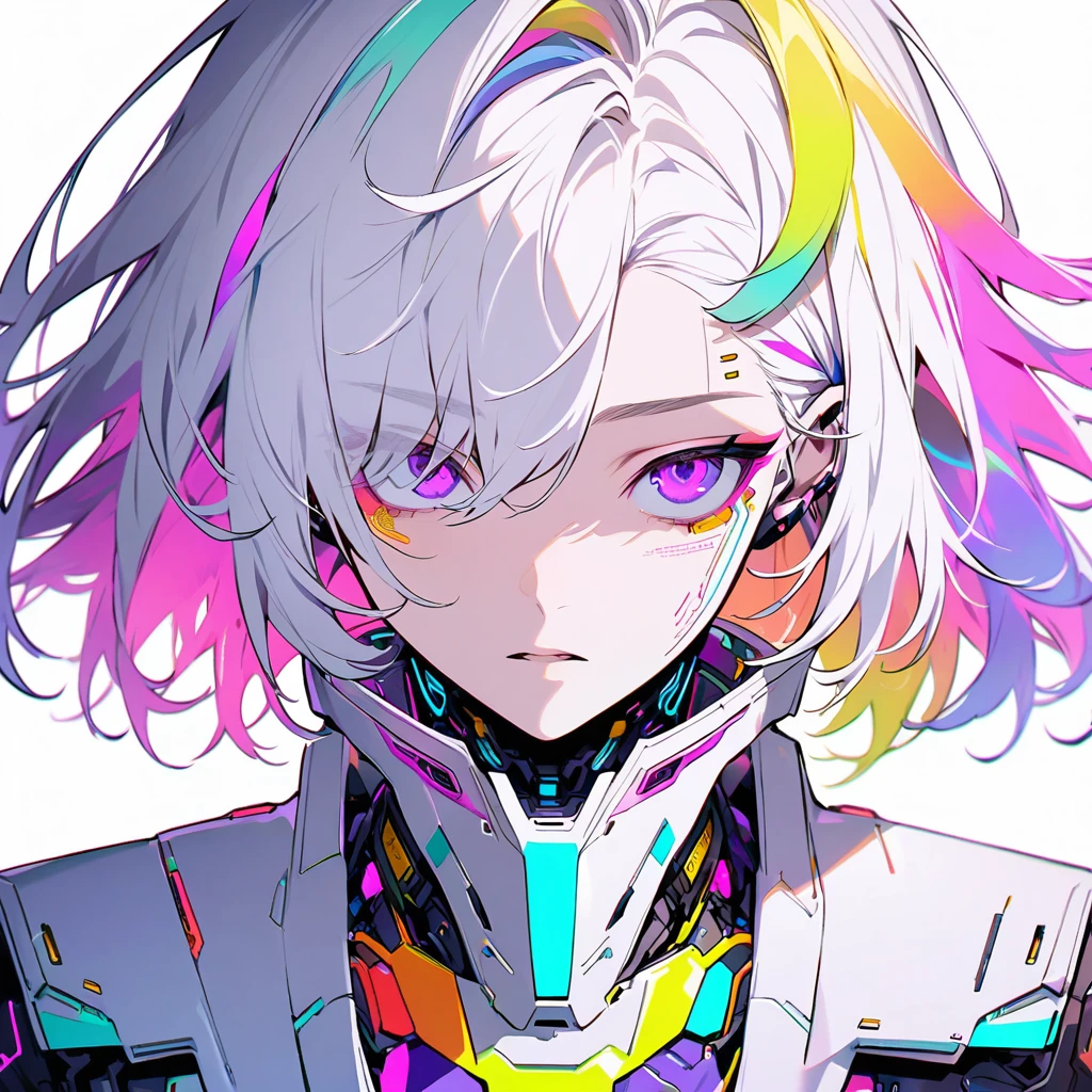 Frontal portrait，Handsome, Solitary, 1 male, Medium Length Hair, White hair, Rainbow hair, Purple Eyes, White clothes, Futuristic, Cyberpunk, Cybernetic, neon,White background
