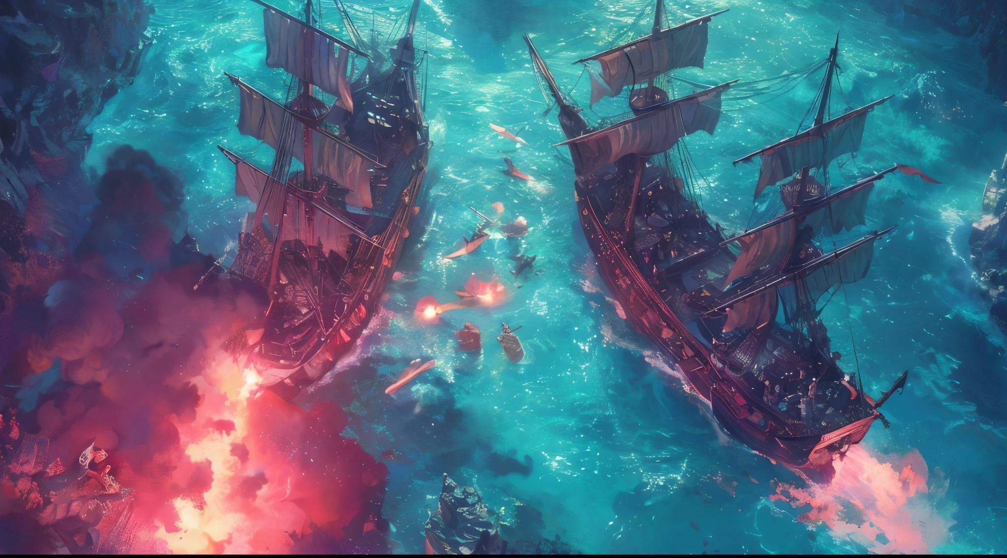 deck view, a pirate skirmish, two pirate ship side by side shooting cannons at each other, pirate crews infiltrating each other's deck, dramatic, anime illustration, photorealistic, fantasy, comic, manga