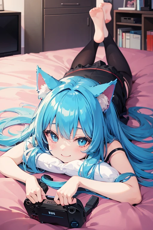 masterpiece:1.3、ultra high resolution:1.3、8K、woman、solo:1.3、Cat ear:1.3、high breasts、big breasts、light blue hair、Pink eyes、ponytail、(肌透けたwetた薄いシャツ:1.3)、black stockings、(Lying on the bed:1.3)、(turn your body towards the viewer:1.3)、open your legs:1.3、open your mouth:1.3、stick out your tongue:1.3、Smile a little、provocation:1.3、sexual excitement:1.3、erotic:1.3、blush:1.3、real moist skin、Stuffy、wet