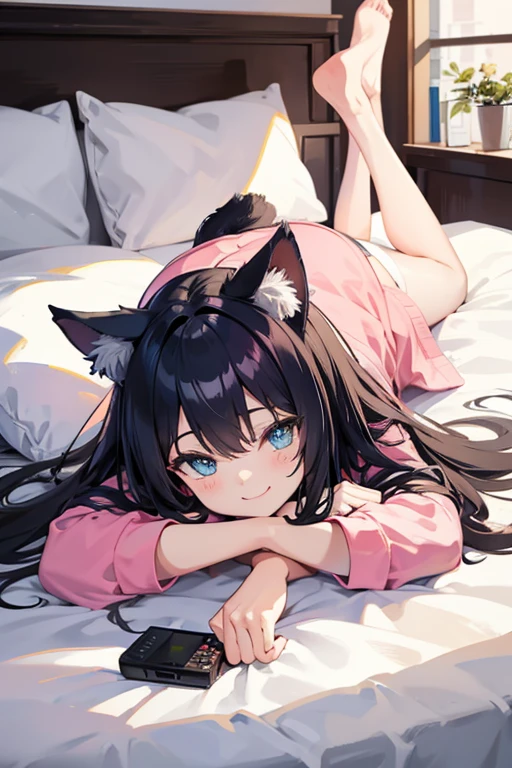 Two  with black cat ears and cat tail lying on the bed，Has short black hair，The eyes are green，Wear white stockings on the legs，exposing her chest