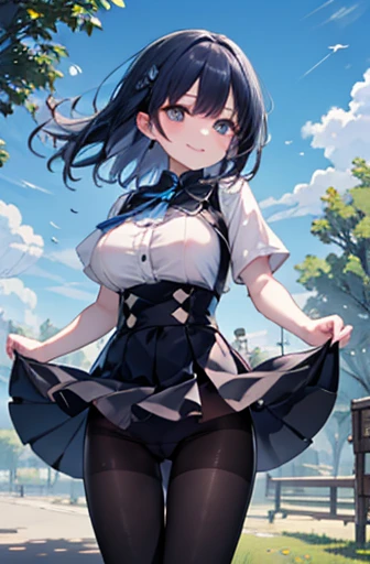 (Cute older sister:1.3)、Long eyelashes、smile,Spring atmosphere、noon、Aggressive、hot、((Strong winds))、Black Pantyhose、Shining Eyes、sneeze、pollen,Big Breasts