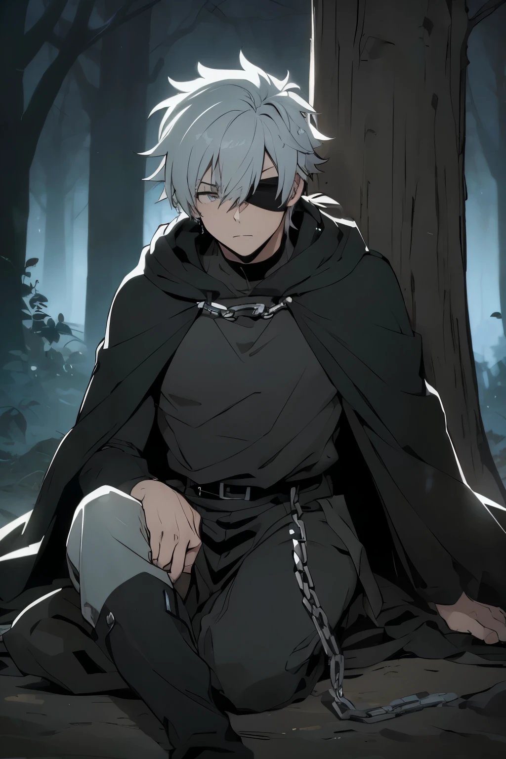 anime character, a person. 20-year-old man, large body, cold gaze, cold expression, messy gray hair, ponytail, left eye patch, black clothes, black shirt, dark cape with hood, chains. Side camera. Dark forest, at night, sitting on the dirt floor, back against a tree, relaxed. right leg extended, left leg flexed. Shining stars
