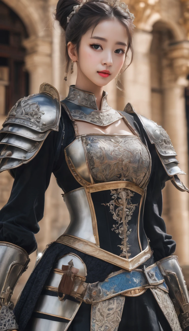 Highest quality, Realistic, photoRealistic, Award-winning photography, (Intricate details, royal palace: 1.2), (Subtle details), (Intricate details), (Cinematic Light, Beautiful attention to detail,Hair Bun,Small Breasts Natural Color Lip, Sexy pose,smile,Harajuku、20-year-old girl、cute, knight, , Huge bouncing breasts, Sexy long legs, ダイナミックなSexy pose, knightの正装, Colorful and intricately crafted armor, knight, foot armor, Red Cape, Upper body close-up),Fighting figure、Has a sword